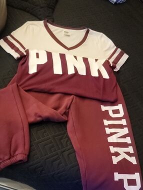 PINK Victoria's Secret Maroon and White Two-Piece Set